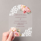 ピンクの桃のフローラレース結婚アーチズ アクリル招待状 (インサイチュ (ポータブル))