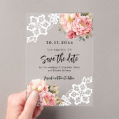 ピンクの桃のフローラレース結婚式の日付カードを保存 アクリル招待状 (インサイチュ (ポータブル))