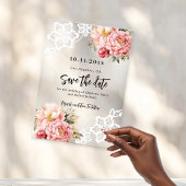 ピンクの桃のフローラレース結婚式の日付カードを保存 アクリル招待状