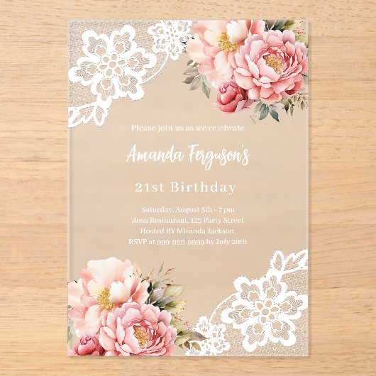 ピンクの桃のフローラレース誕生日 アクリル招待状 (正面)