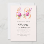 ピンクの桃のフローラ番号金ゴールド18歳の誕生日 招待状 (正面)