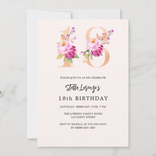 ピンクの桃のフローラ番号金ゴールド18歳の誕生日 招待状 (正面)