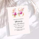ピンクの桃のフローラ番号金ゴールド18th誕生日ラグジュアリー 招待状<br><div class="desc">18モダン歳のスタイリッシュ誕生日パーティーへの華やかな招待。桃の色の背景。飾はフェイク金ゴールドとピンク。名前は手書文字のスタイルスモダンクリプト付き。カスタマイズしてパーティー詳細を追加する。</div>
