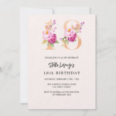 ピンクの桃のフローラ番号金ゴールド18th誕生日ラグジュアリー 招待状 (正面)