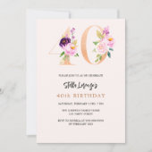 ピンクの桃のフローラ番号金ゴールド40歳の誕生日 招待状 (正面)
