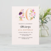 ピンクの桃のフローラ番号金ゴールド40歳の誕生日 招待状 (スタンド正面)