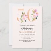 ピンクの桃のフローラ番号金ゴールド50歳の誕生日 招待状 (正面)
