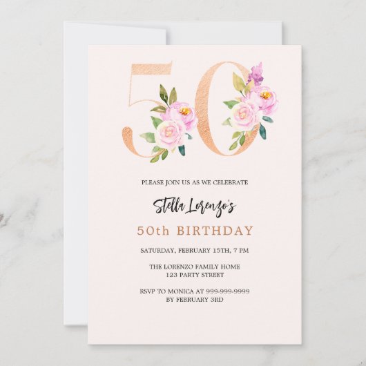 ピンクの桃のフローラ番号金ゴールド50歳の誕生日 招待状 (正面)