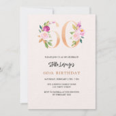 ピンクの桃のフローラ番号金ゴールド60th誕生日ラグジュアリー 招待状 (正面)