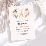 ピンクの桃のフローラ番号金ゴールド60th誕生日ラグジュアリー 招待状<br><div class="desc">60歳モダンのスタイリッシュ誕生日パーティーへの華やかな招待。桃の色の背景。飾はフェイク金ゴールドとピンク。名前は手書文字のスタイルスモダンクリプト付き。カスタマイズしてパーティー詳細を追加する。</div>