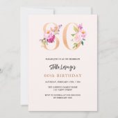 ピンクの桃のフローラ番号金ゴールド80歳の誕生日 招待状 (正面)