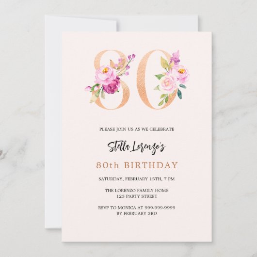 ピンクの桃のフローラ番号金ゴールド80歳の誕生日 招待状 (正面)