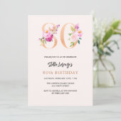 ピンクの桃のフローラ番号金ゴールド80歳の誕生日 招待状 (スタンド正面)
