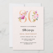 ピンクの桃のフローラ番号金ゴールド80th誕生日ラグジュアリー 招待状 (正面)