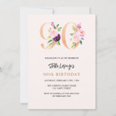 ピンクの桃のフローラ番号金ゴールド90歳の誕生日 招待状 (正面)