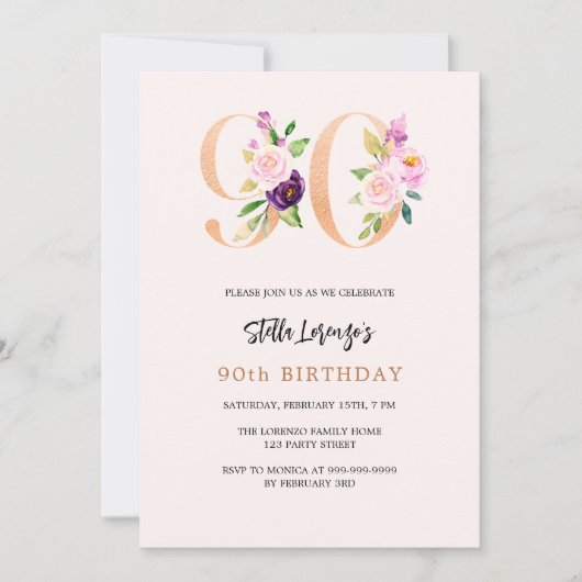 ピンクの桃のフローラ番号金ゴールド90歳の誕生日 招待状 (正面)