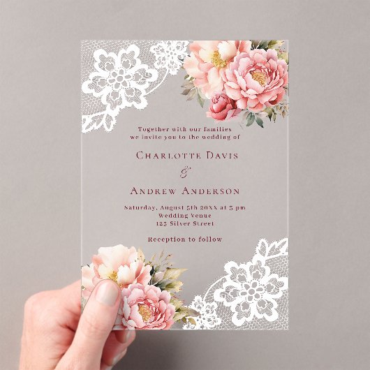 ピンクの桃のフローラ結婚レース アクリル招待状 (インサイチュ (ポータブル))