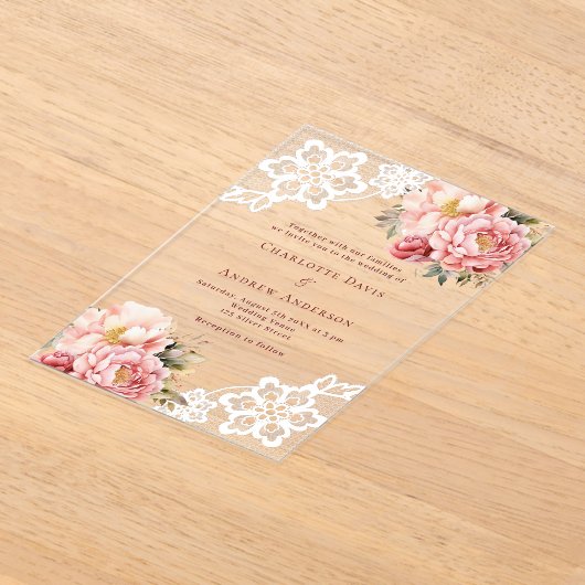 ピンクの桃のフローラ結婚レース アクリル招待状 (レイダウン)