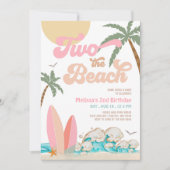 ピンクの桃の女の子 TWO the BEACH サーフィン 2歳の誕生日 招待状 (正面)