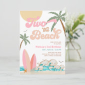 ピンクの桃の女の子 TWO the BEACH サーフィン 2歳の誕生日 招待状 (スタンド正面)