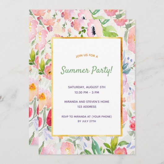 ピンクの桃の水色の花模様夏のパーティー 招待状 (正面/裏面)