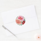 ピンクの桃の芍薬 ワインレッドの花と葉 ラウンドシール (封筒)