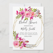 ピンクの桃の花とバラの水彩画 ブライダルシャワー 招待状 (正面)