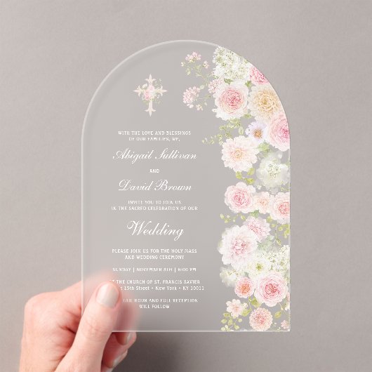 ピンクの桃の花のアーチ 宗教的な結婚式 アクリル招待状 (インサイチュ (ポータブル))