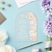 ピンクの桃の花のアーチ 宗教的な結婚式 アクリル招待状 (インサイチュ (ウェディング))