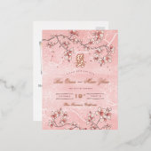 ピンクの桃の花のダブル幸せ日付を保存 箔招待状ポストカード (正面/裏面)