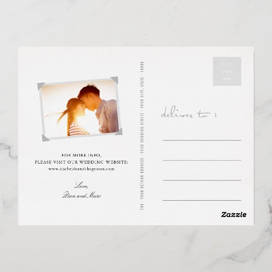 ピンクの桃の花のダブル幸せ日付を保存 箔招待状ポストカード (裏面)