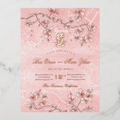 ピンクの桃の花のダブル幸せ日付を保存 箔招待状ポストカード (正面)
