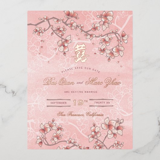 ピンクの桃の花のダブル幸せ日付を保存 箔招待状ポストカード (正面)