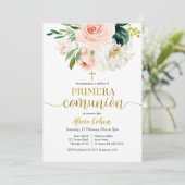 ピンクの桃の花のプリメーラ・コミュニオン招待状 招待状 (スタンド正面)