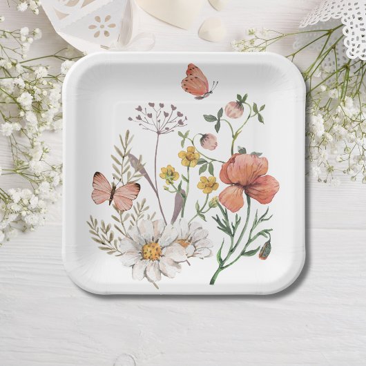 ピンクの桃の花のワイルドフラワースクエア ペーパープレート