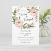 ピンクの桃の花をあしらったエレガントなウェディング 招待状 (スタンド正面)