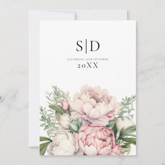 ピンクの桃の花をあしらったエレガントな結婚式 セーブザデート (裏面)