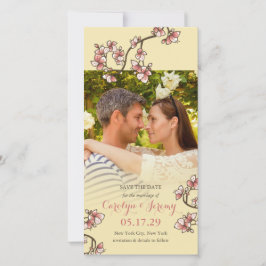 ピンクの桃の花アジアの日付の写真カードを保存 セーブザデート