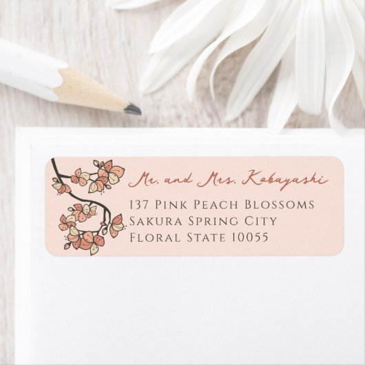 ピンクの桃の花アジア結婚の住所 ラベル (インサイチュ)