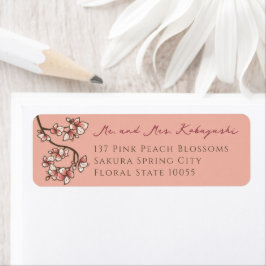 ピンクの桃の花アジア結婚の住所 ラベル