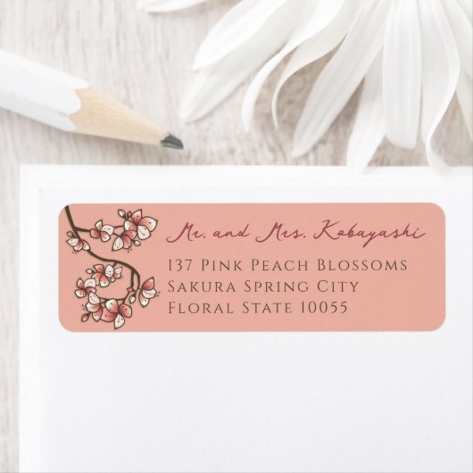 ピンクの桃の花アジア結婚の住所 ラベル (インサイチュ)
