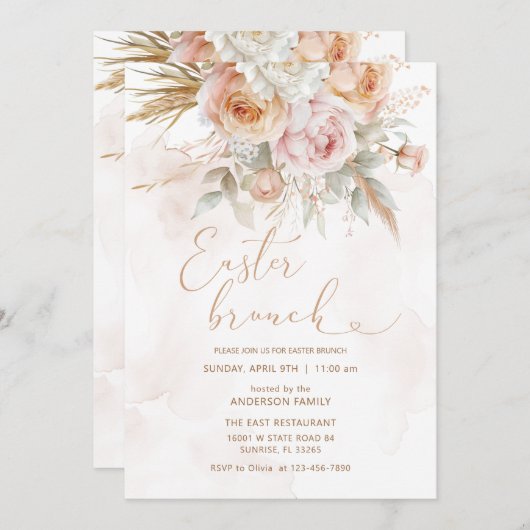 ピンクの桃の花イースターブランチ 招待状 (正面/裏面)