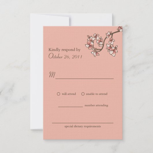 ピンクの桃の花中国の結婚式RSVPカード 出欠カード (正面)