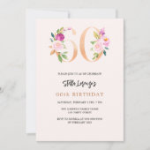 ピンクの桃の花模様の数字がゴールドの60歳の誕生日 招待状 (正面)
