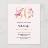 ピンクの桃の花模様80th誕生日の予算の招待 (正面)