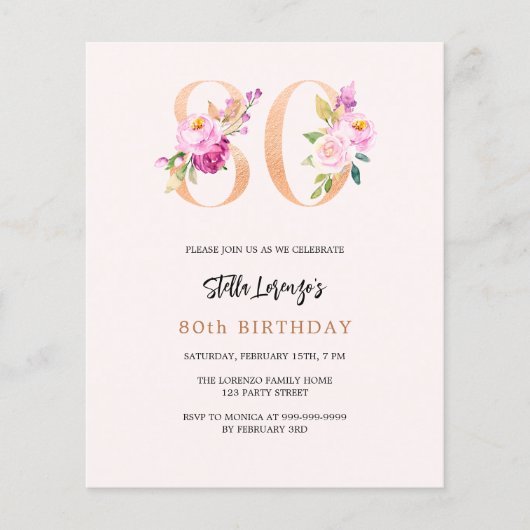 ピンクの桃の花模様80th誕生日の予算の招待 (正面)