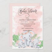 ピンクの桃の象の水の色ベビーシャワー 招待状 (正面/裏面)