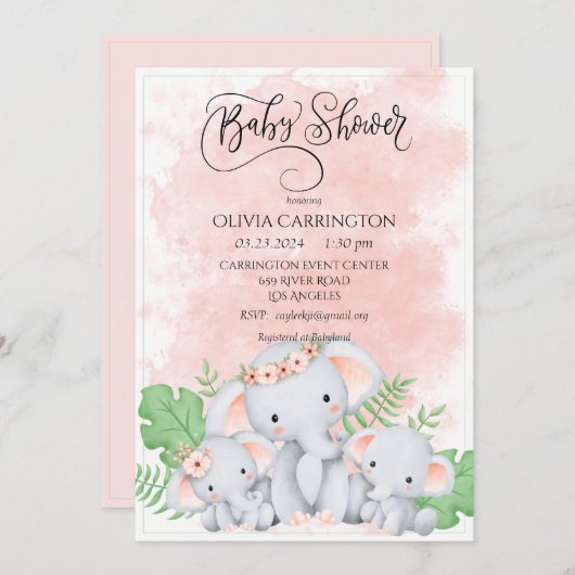 ピンクの桃の象の水の色ベビーシャワー 招待状 (正面/裏面)