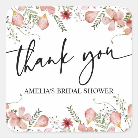 ピンクの桃の野生の花 ブライダルシャワーの感謝を伝える スクエアシール (正面)