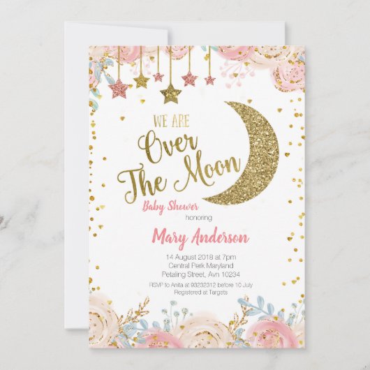 ピンクの桃の金ゴールドムーンベビーシャワー女の子 招待状 (正面)